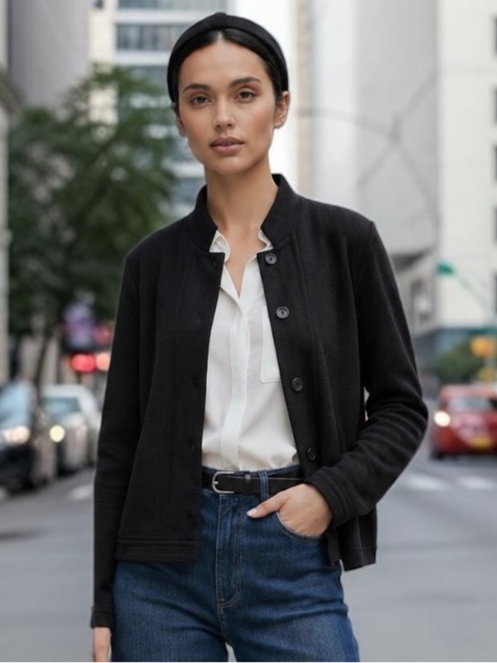 Eileen Fisher Cotton Rib Knit Slouch Stand Collar Jacket Cardigan Black S NWOT